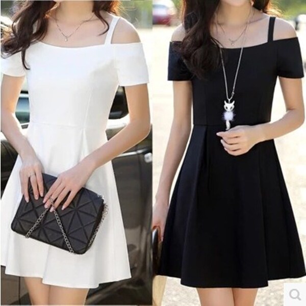 夏季新款纯色一字领雪纺连衣裙中长款大码女装短袖露肩吊带打底裙