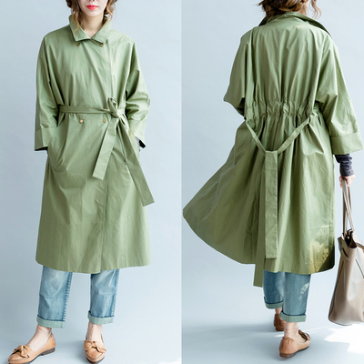 【清濯】金属扣抽带收腰文艺休闲水洗布风衣 2016秋冬新品-绿