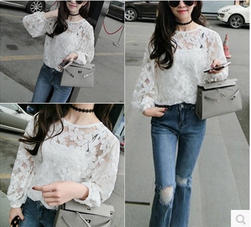 2017春装新款韩版时尚花朵图案蕾丝打底衫女上衣内搭背心两件套