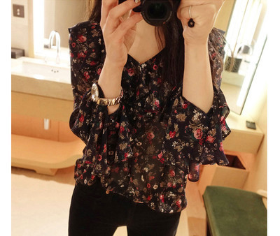 2017春装韩版新款鬼马系少女浪漫甜美碎花印花宽松雪纺衬衫女上衣