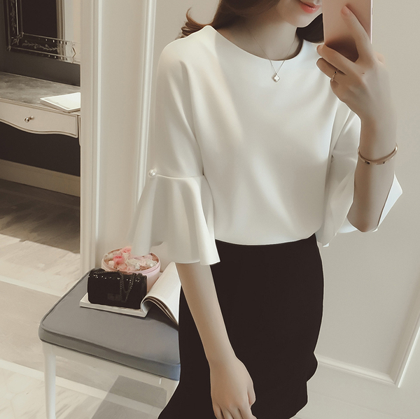 2017春装新款韩版女装名媛范 纯色短款喇叭中袖雪纺衫圆领上衣潮