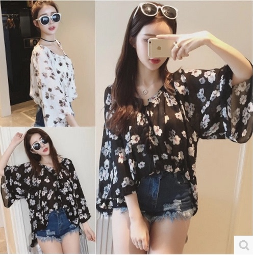 2017春夏装新款女装韩版宽松露肩百搭印花喇叭袖雪纺衫上衣小衫女
