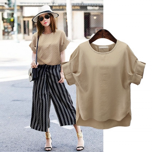 圆领短袖t恤女 2016夏季新款灯笼袖休闲宽松上衣欧美百搭衫