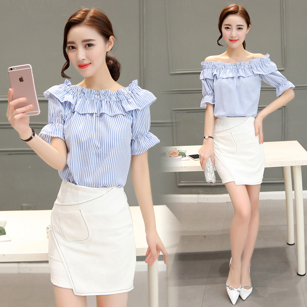 2016夏季新款韩范竖条纹短袖衬衫简约一字领露肩泡泡袖学生上衣潮