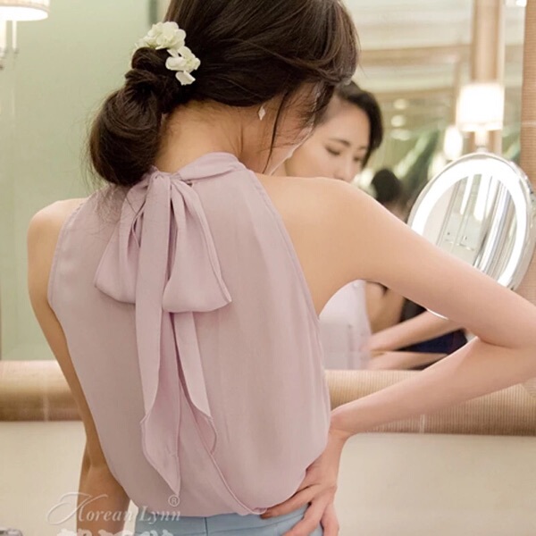 夏装新款甜美日系时尚钉珠露肩挂脖雪纺衫 韩版无袖百搭小背心