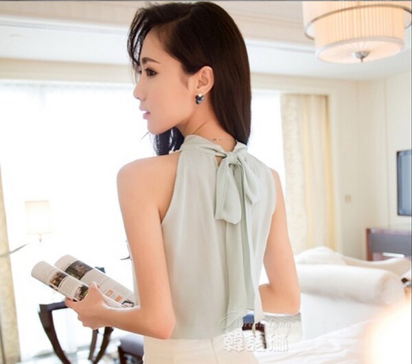 夏装新款甜美日系时尚钉珠露肩挂脖雪纺衫 韩版无袖百搭小背心