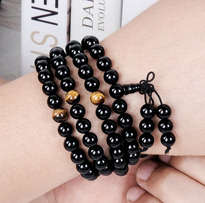 天然黑玛瑙多圈108颗佛珠手链男士女款多层日韩版情侣手串配饰品