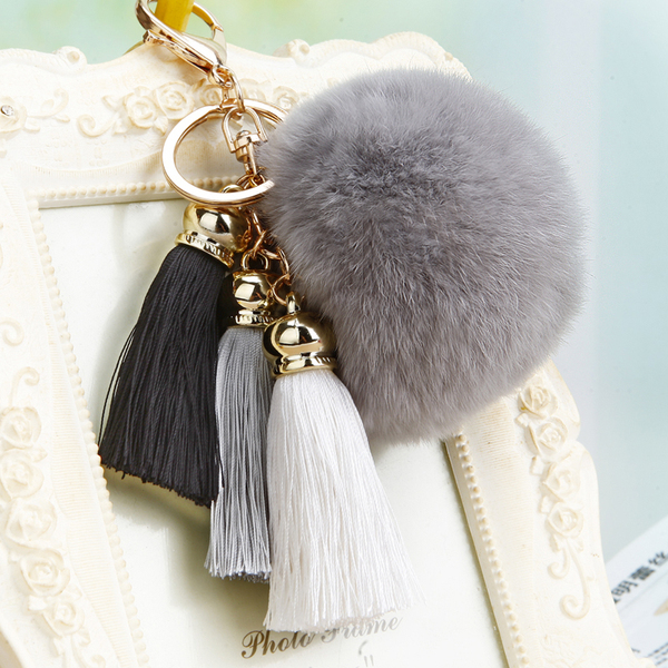 韩国创意礼品可爱冰丝流苏汽车钥匙扣女包挂件钥匙链毛绒毛球饰品