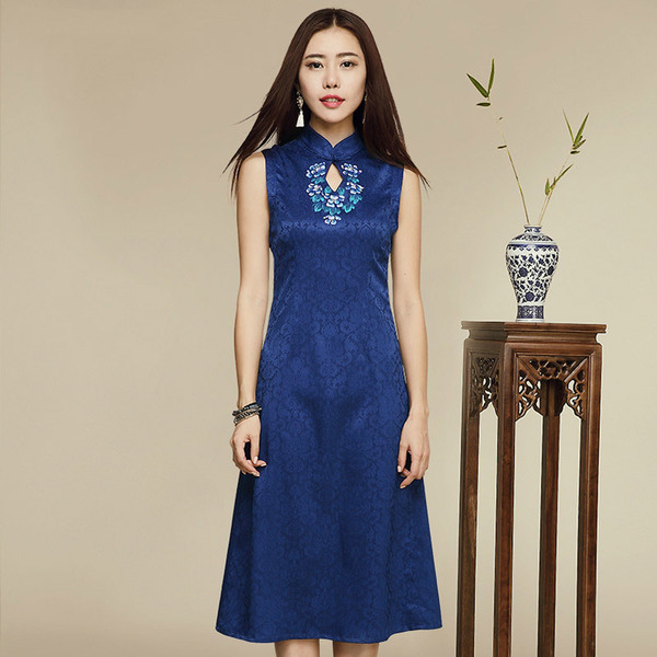 旗袍连衣裙秋中长款中式改良修身显瘦蓝色中国风无袖连衣裙a字裙