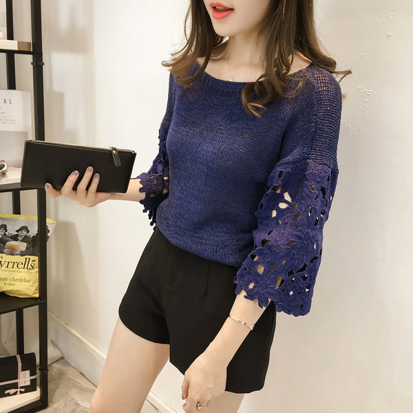 2017春装新款韩版蕾丝拼接七分袖针织衫女套头宽松镂空打底毛衣薄
