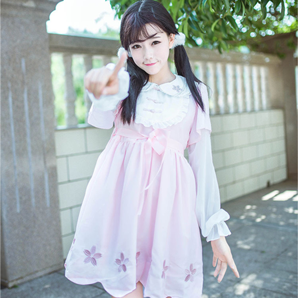 樱花甜美刺绣娃娃领可爱风连衣裙洛丽塔洋装公主裙子lolita软妹服