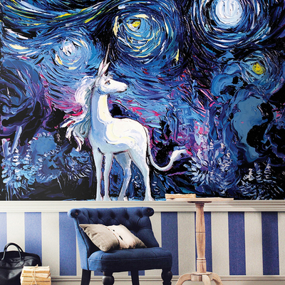 3d欧式抽象油画壁纸客厅沙发卧室电视背景墙纸 梵高星空天马壁画