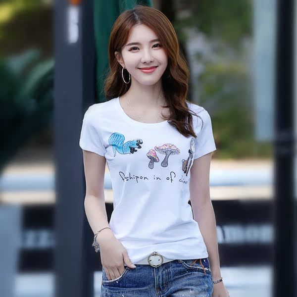 秋水伊人品牌女装2017新款夏装唯品会短袖纯棉镶钻t恤打底衫上衣