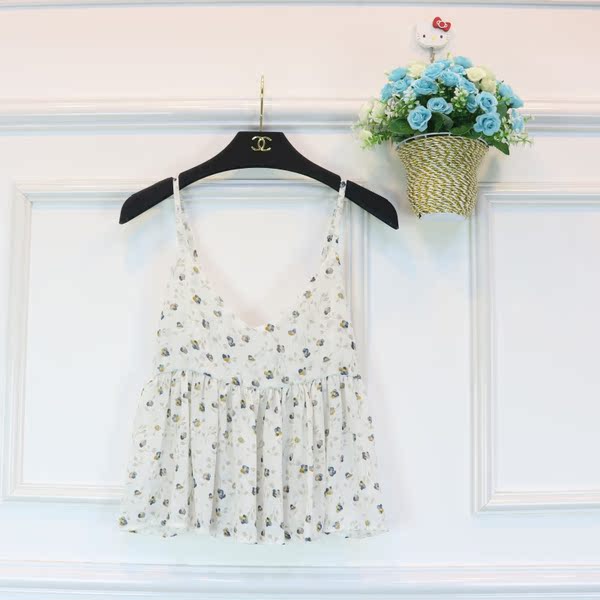 2016夏季新款韩版甜美雪纺碎花显瘦荷叶边裙摆V领小背心吊带女