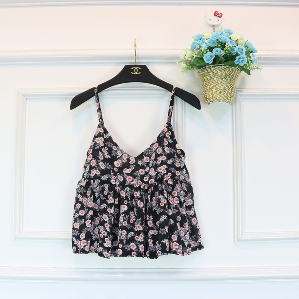 2016夏季新款韩版甜美雪纺碎花显瘦荷叶边裙摆V领小背心吊带女