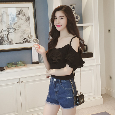 夏装新款 百褶荷叶边露肩吊带雪纺衫韩范女士时尚百搭小性感上衣