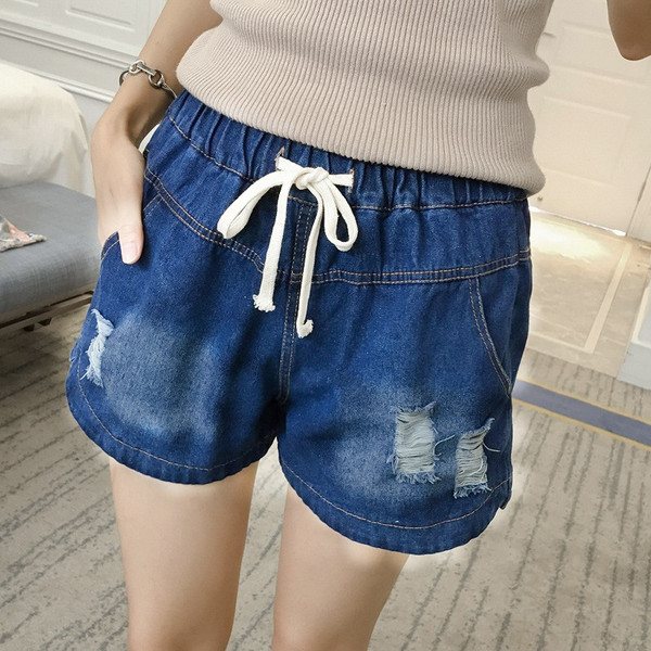 加肥大码抽绳热裤胖mm夏季松紧腰阔腿宽松哈伦破洞牛仔短裤女春装