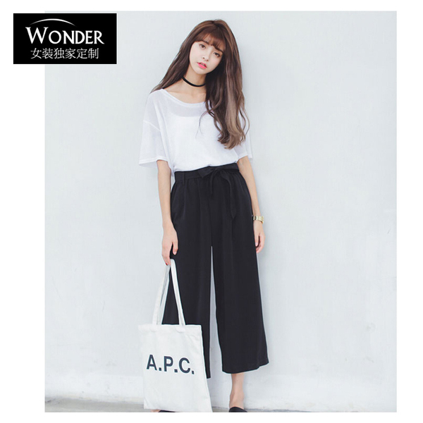 韩版夏季雪纺阔腿裤女高腰七分裤大码直筒休闲裤春秋九分阔脚女裤