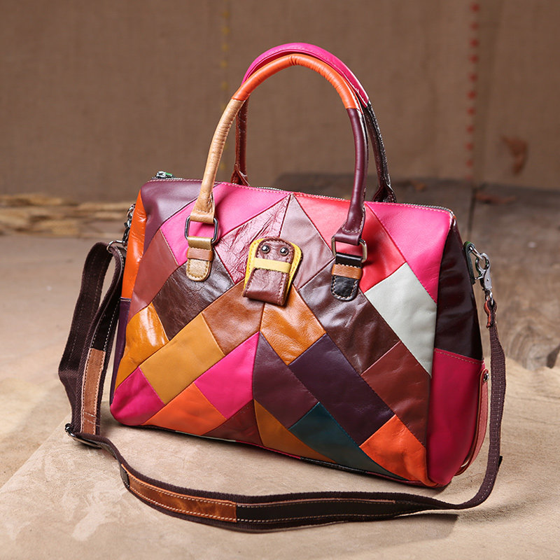 吐火罗2017新款真皮单肩包羊皮拼接个性手提包彩色包包民族风女包