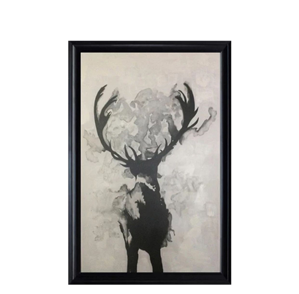 麻布手绘油画驯鹿发财鹿现代中式水墨黑白柴鹿装饰画玄关挂画包邮