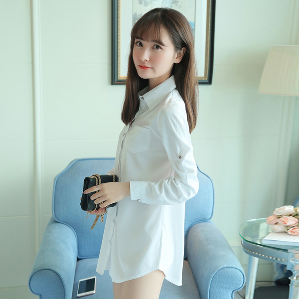 欧美春中长款男友风BF风衬衫睡衣女男朋友白衬衫女长袖棉宽松性感