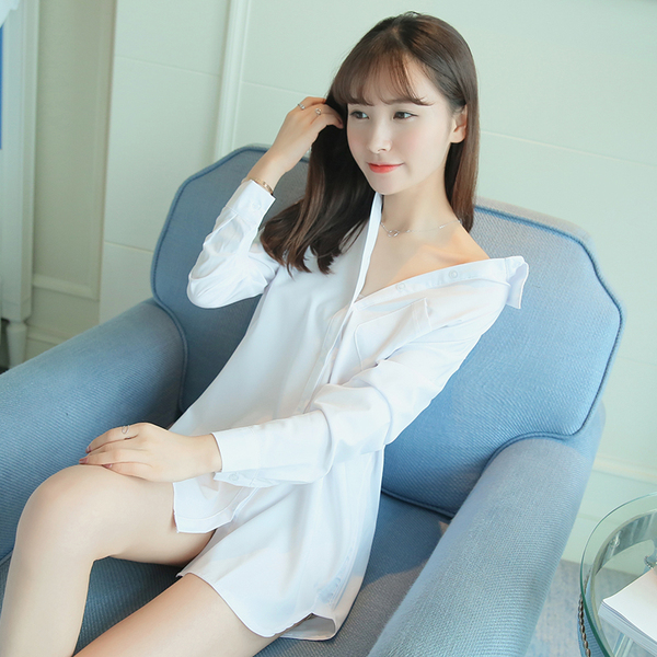 春秋欧美BF风女衬衣性感韩版百搭大码白衬衫睡衣女中长款长袖上衣