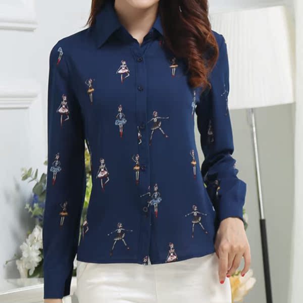 2016秋季新款女装上衣印花衬衫长袖雪纺衫修身显瘦百搭打底衬衣潮