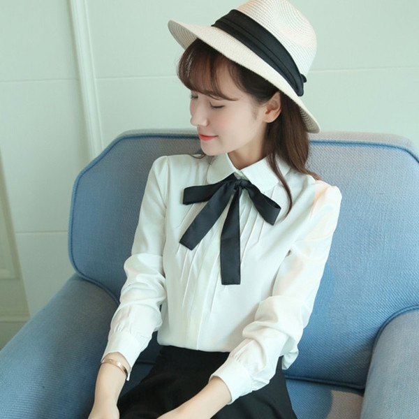 春秋韩版蝴蝶结飘带娃娃领衬衫女长袖宽松百搭学院风女装衬衣学生