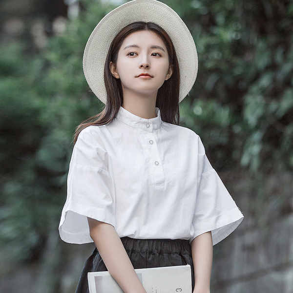 白衬衫女夏季上衣新款2017宽松学生韩版学院风清新甜美五分袖衬衣