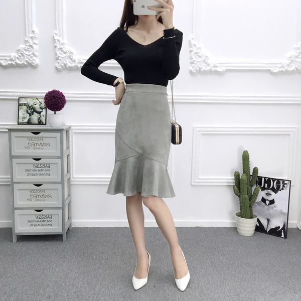 2017 Autumn fishtail skirt high waist was thin bag hip long paragraph a word knee and knee skirt deer leather cashmere lotus leaf half skirt