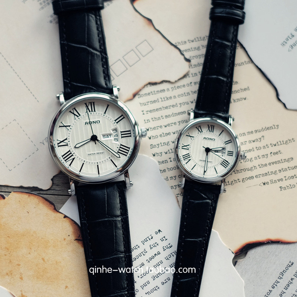 「aono」英伦复古罗马 显示日历星期男士真皮情侣表 黑白色手表女