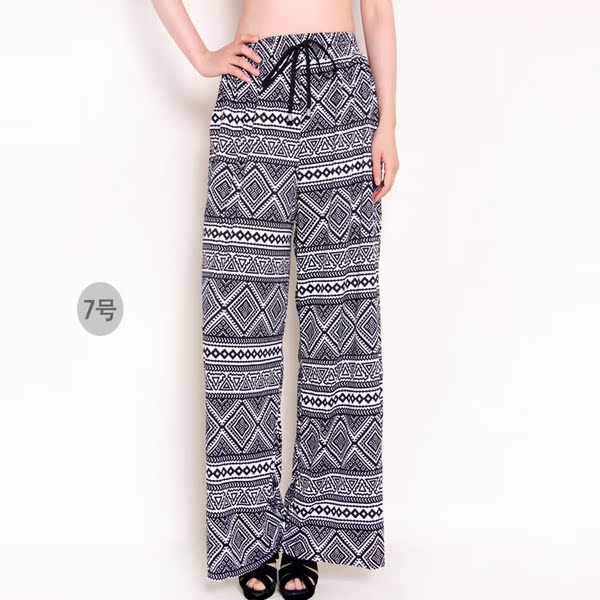 新款春秋夏季女裤加长加肥民族波西米亚花大码阔腿裤直筒裤休闲裤