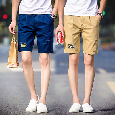 男生短裤夏季潮五分裤修身韩版破洞迷彩青少年学生5分休闲裤薄款