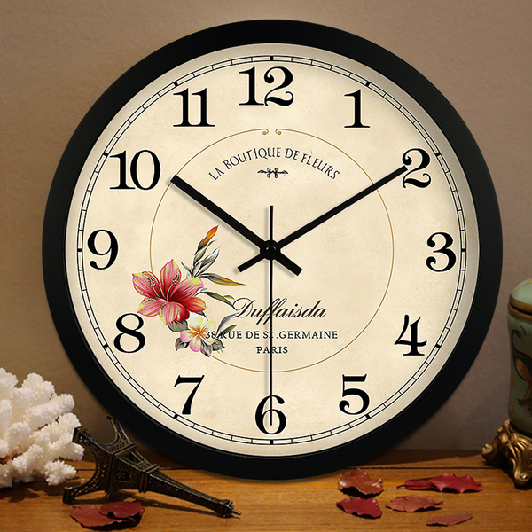 欧式复古田园挂表静音客厅卧室挂钟表装饰石英钟个性创意北欧圆钟
