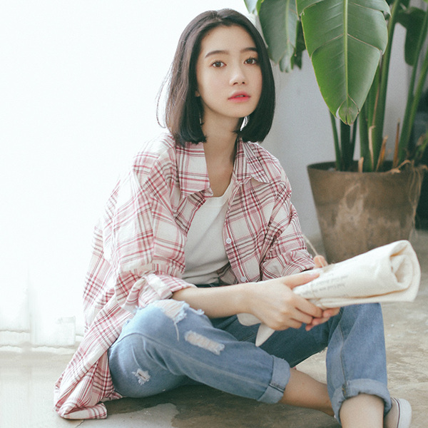 春季女装新款韩版格子撞色文艺衬衫女学生宽松百搭显瘦开衫上衣潮