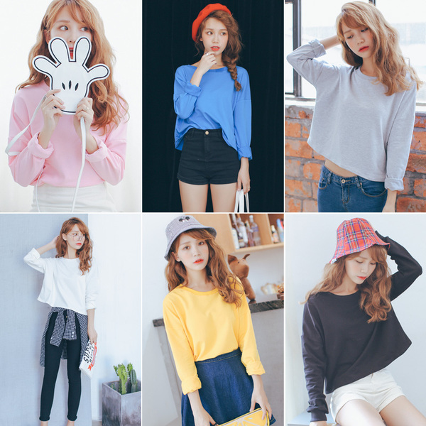 2016秋季新款韩版短款长袖打底衫上衣清新宽松纯棉纯色学生t恤女