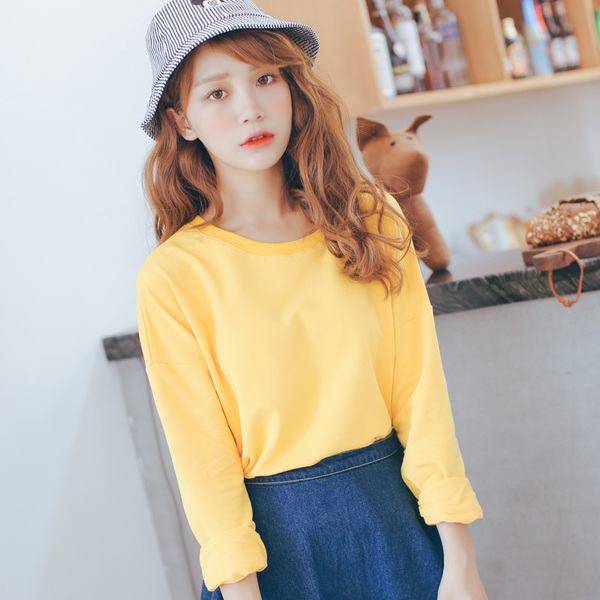 2016秋季新款韩版短款长袖打底衫上衣清新宽松纯棉纯色学生t恤女