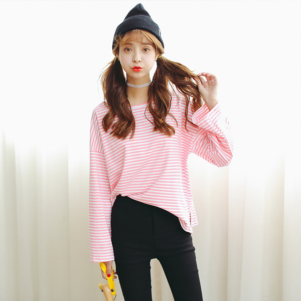秋冬新款韩版清新甜美文艺范条纹长袖圆领T恤港式学院风打底衫女