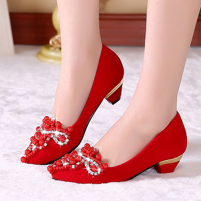 2016新款婚纱鞋低跟结婚鞋孕妇婚鞋红色新娘鞋平底红色鞋子秀禾鞋