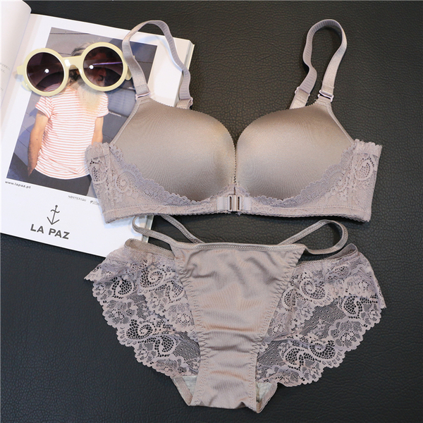欧美文胸套装性感无钢圈前扣搭配性感内裤中厚聚拢少女调整型内衣