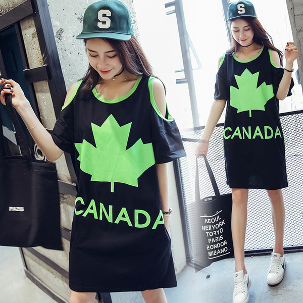2016夏装新款 韩版女装宽松长款口袋漏肩大码连衣裙短袖T恤裙