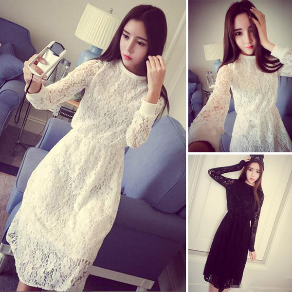 2017春装新款韩版蕾丝连衣裙女长袖镂空收腰显瘦中长款打底裙子潮