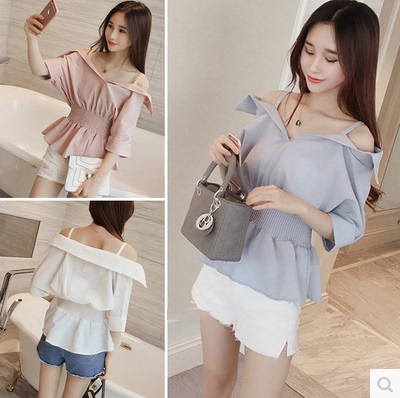 夏季新款一字领甜美露肩吊带短袖雪纺衫女收腰宽松显瘦休闲上衣潮