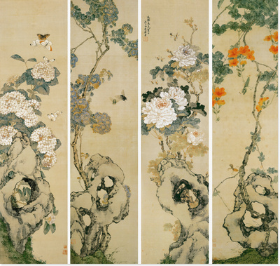 花鸟画 国画字画客厅装饰画书画 作品珂罗版居廉花卉四条屏赠装裱