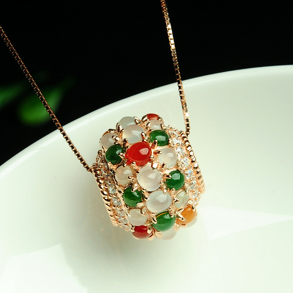 天然翡翠a货三彩转运珠项链吊坠挂件925银镶嵌三彩路路通玉坠女款