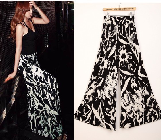 春夏大码长裤女泼墨黑白花显瘦阔腿裤冰丝棉麻宽松甩裤休闲沙滩裤