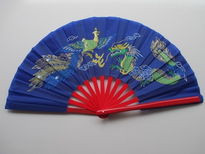 太极功夫扇 蓝色龙凤竹骨 全竹子太极扇 武术扇 表演扇 木兰响扇