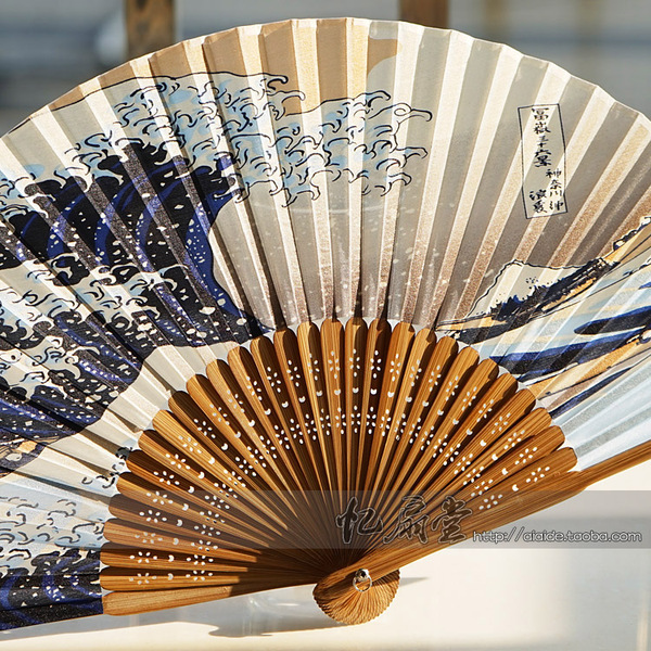 三把包邮 日本扇子日式折扇 浮世绘神奈川海浪 真丝折扇 富士山