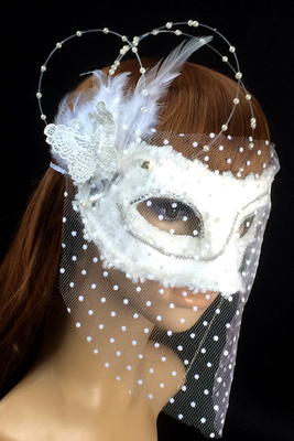 白色侧花蝴蝶羽毛化妆舞会公主面具万圣节mianjumask假面女面纱