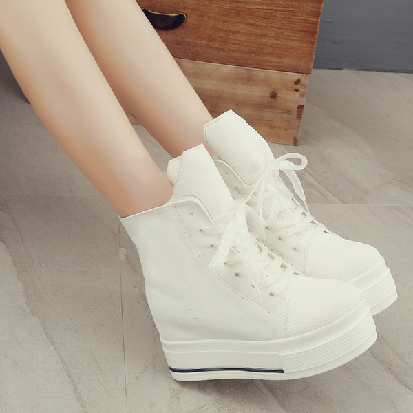 女生长筒高帮厚底松糕跟帆布鞋 女 韩版高筒学生内增高休闲鞋布鞋